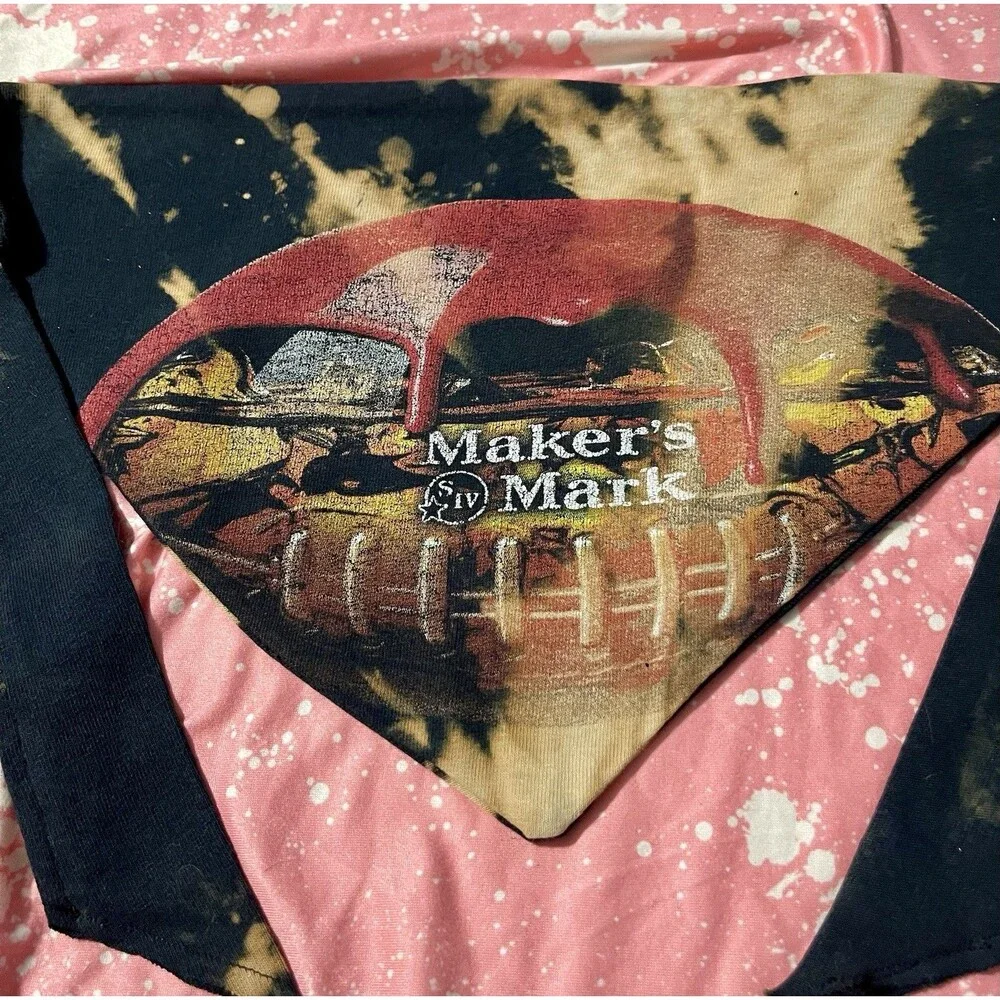 Maker's Mark Bourbon Football Bleach Tie-Dye Tie-On Dog Bandana Upcycled SzM/L